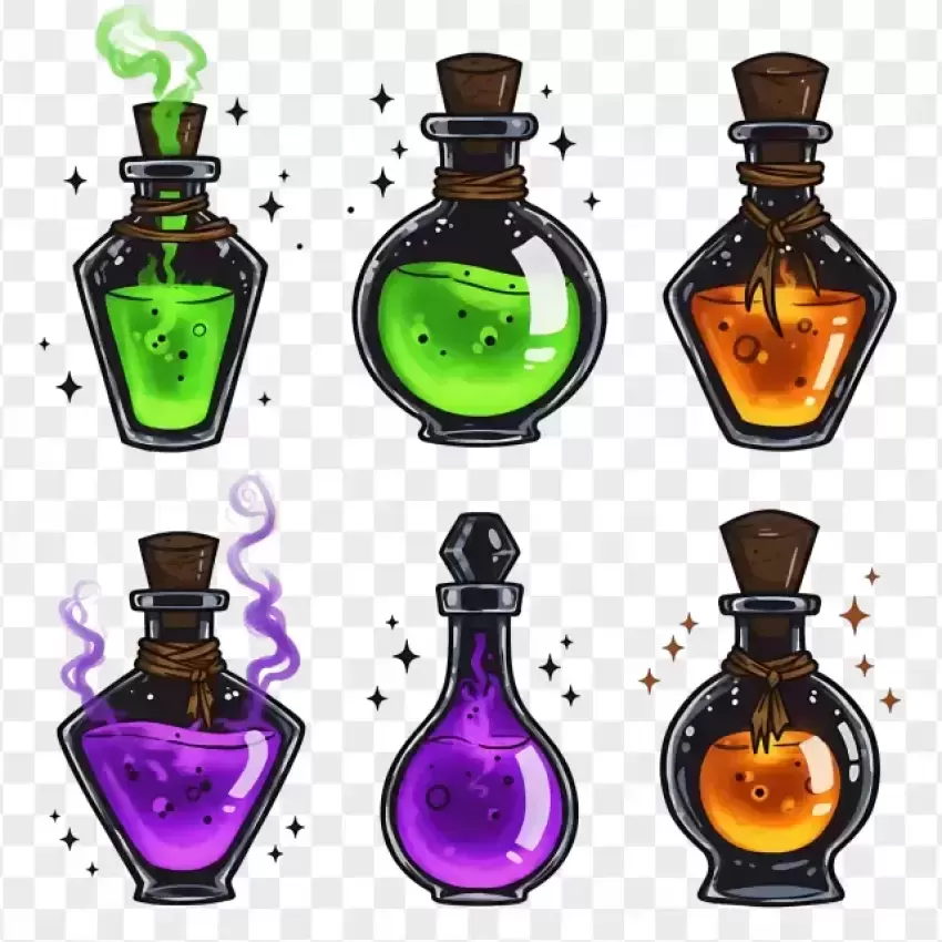 Magic Potions and Spooky Bottles on Transparent Background