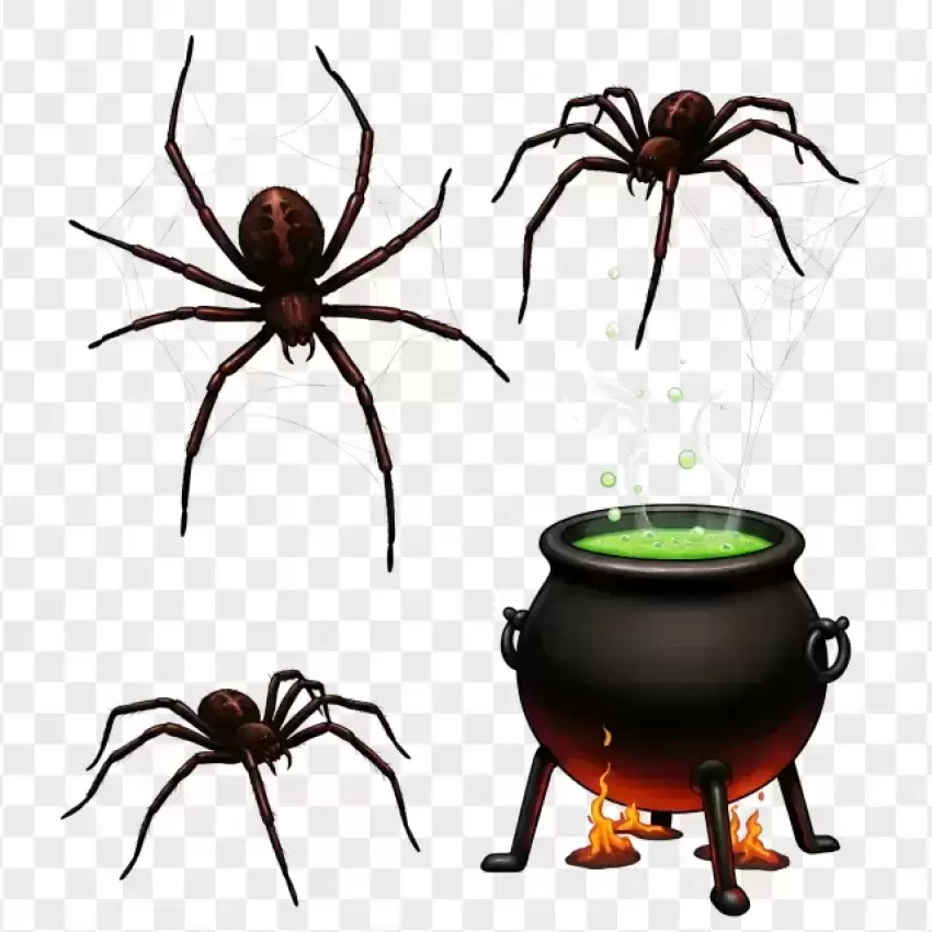 Spiders and Witch Cauldron on Transparent Background