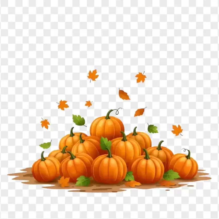 Pumpkins with Autumn Leaves on Transparent Background