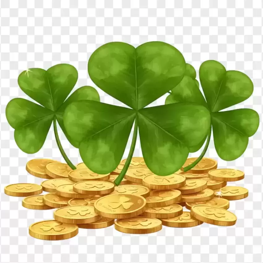 Four Leaf Clover with Gold Coins PNG