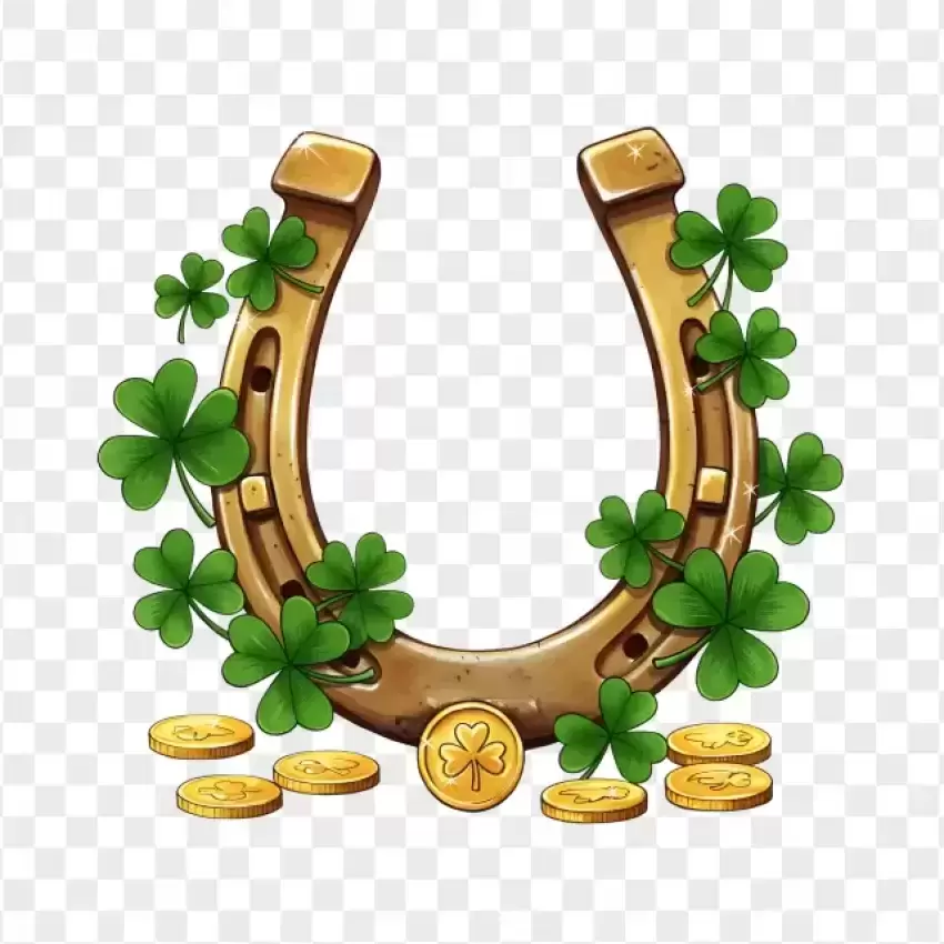 Golden Horseshoe with Lucky Shamrocks PNG