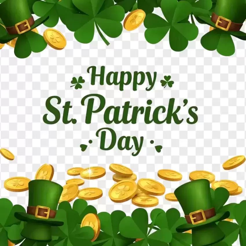 Happy St. Patrick's Day with Shamrocks and Coins PNG