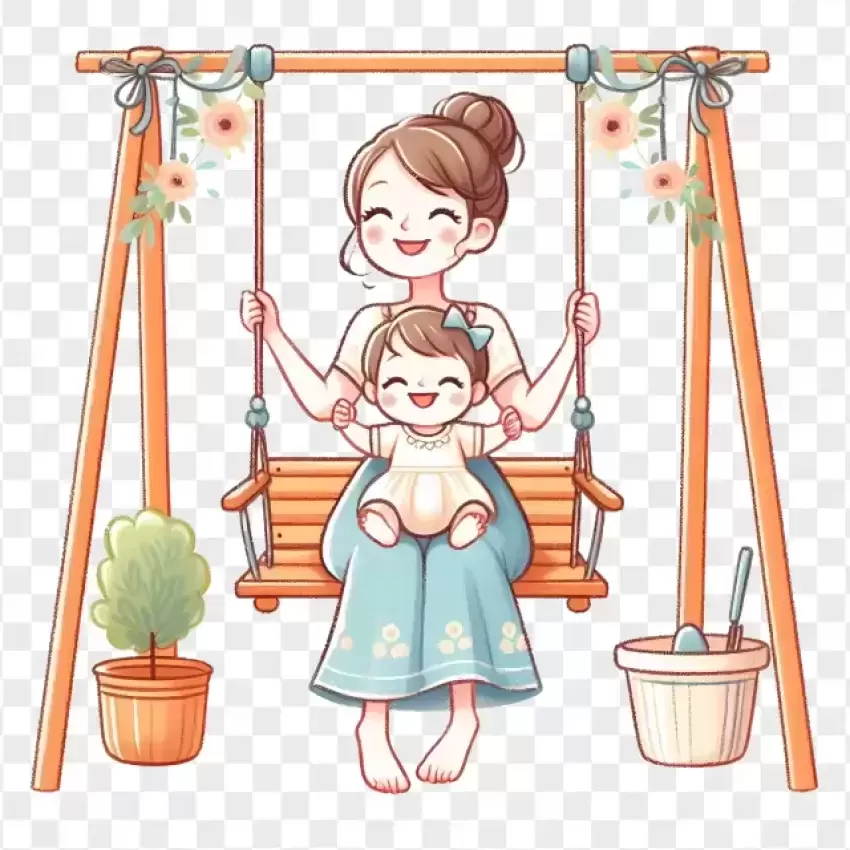 Mom and Daughter Playing on Swing PNG