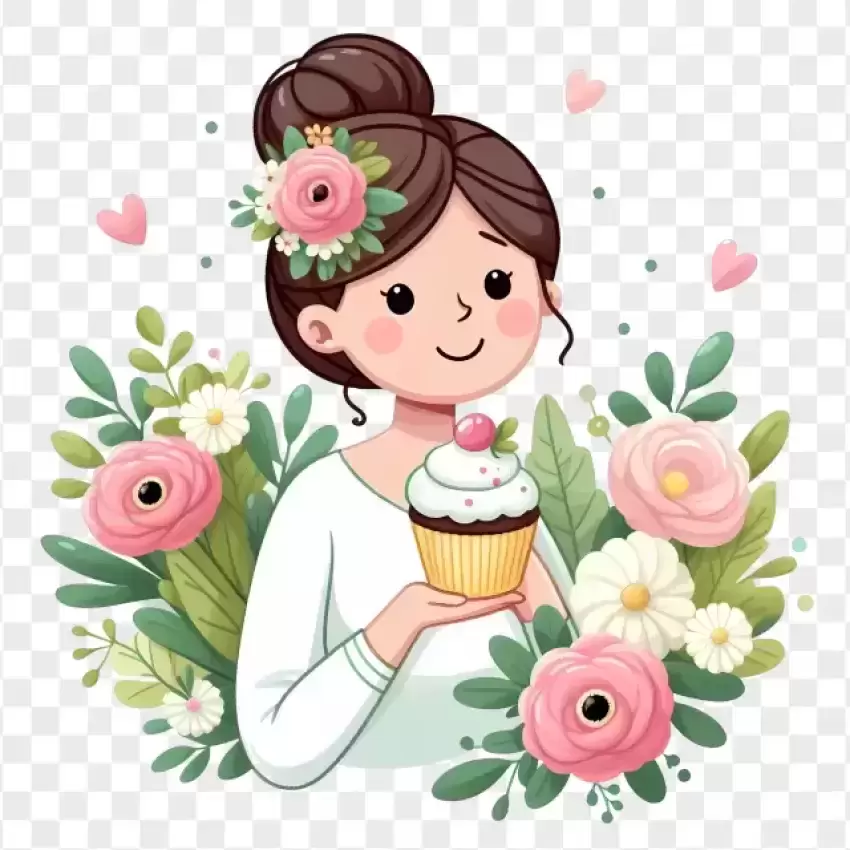 Cute Mom with Flowers Illustration PNG