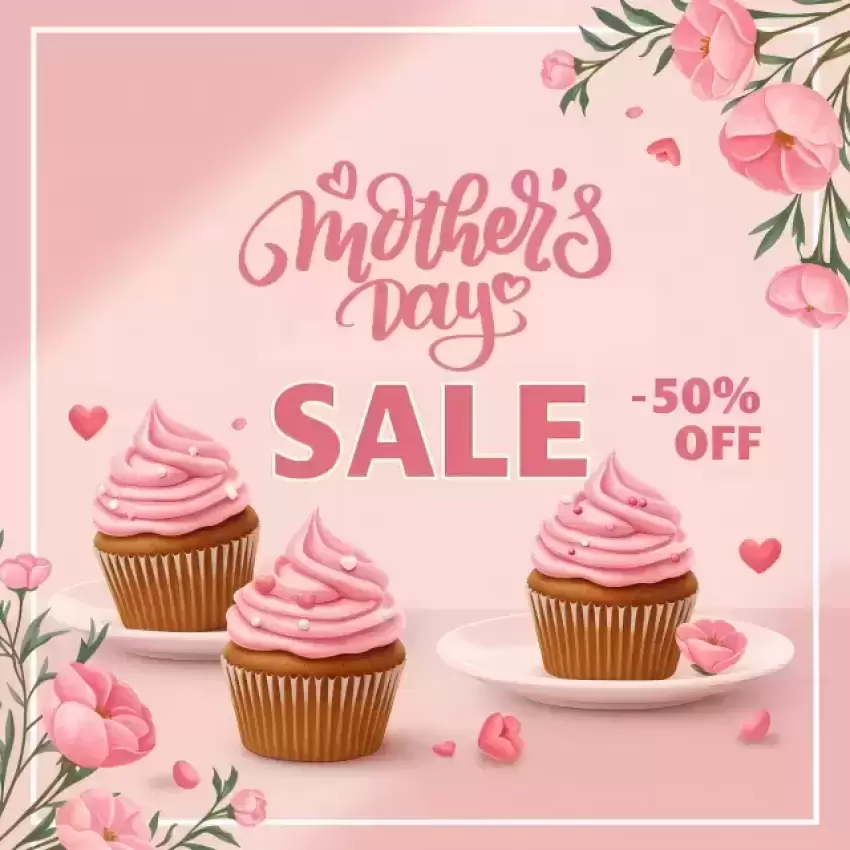 Mother's Day Sale with Cupcakes 50% Off Banner