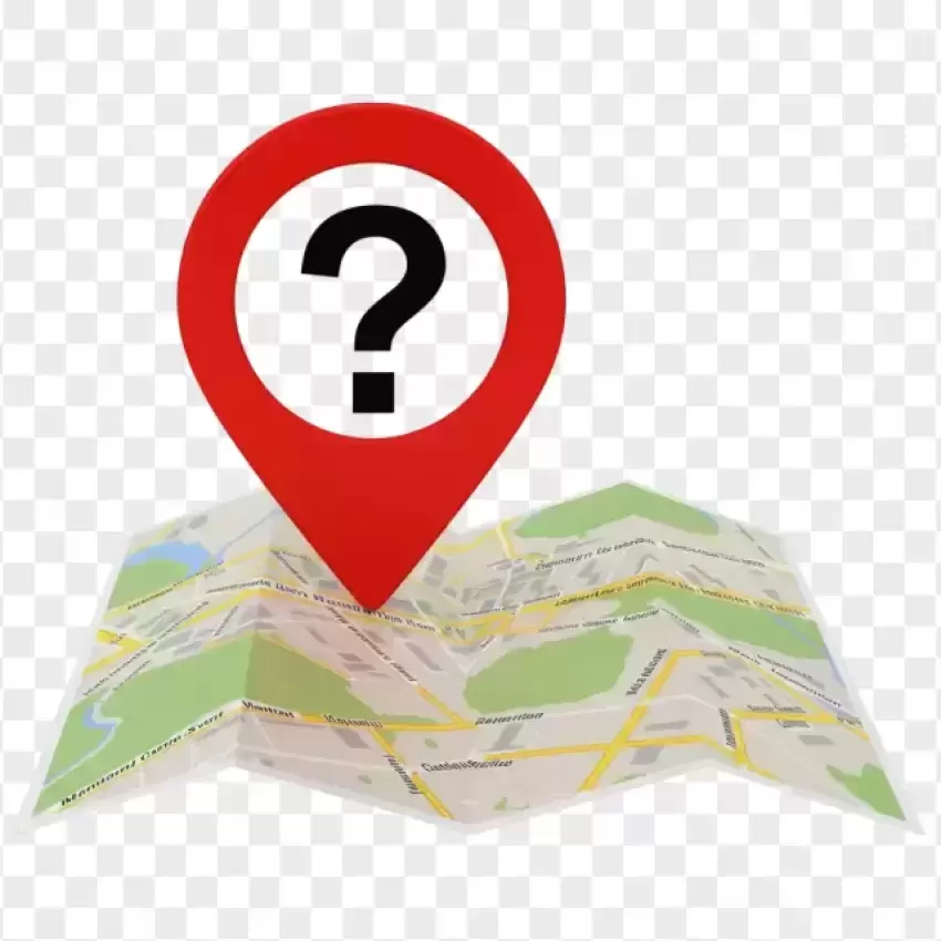 Red Map Marker with a Question Mark on a Folded Map